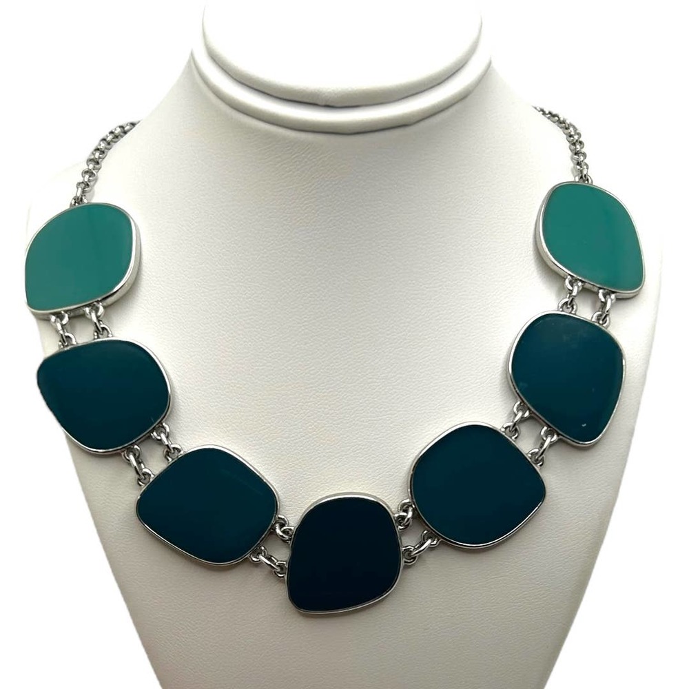 Signed Geometric REVERSIBLE Statement Necklace Blue Ombre and Creme GA